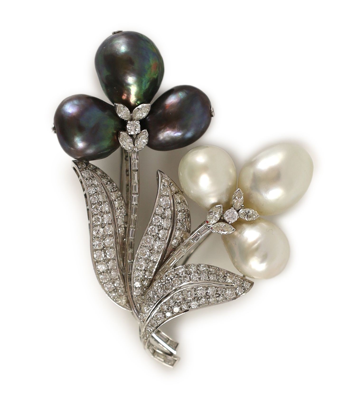 A 20th century platinum, baroque cultured and Tahitian pearl, round and baguette cut diamond cluster set spray brooch